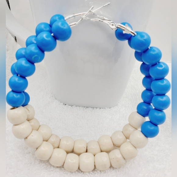 Large hoop earrings, large wooden bead earrings, earrings with blue and white3.0 - Picture 5 of 9